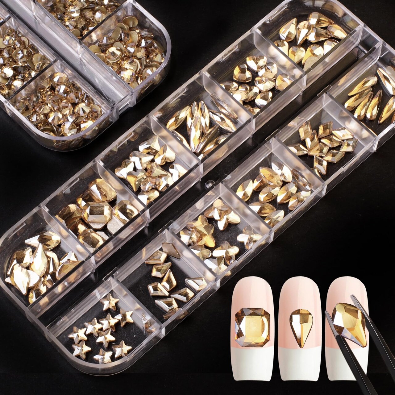 2120 Pieces Champagne Gold Crystal Nail Rhinestones Round Beads Multi Shapes Sizes Flatback Glass Gems Stones for Nail DIY Crafts Clothes Shoes Jewelry